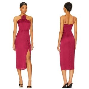 Yumi Kim Revolve Midi Dress Honey Side Slit Rosette Wedding Bridal Party Wine M